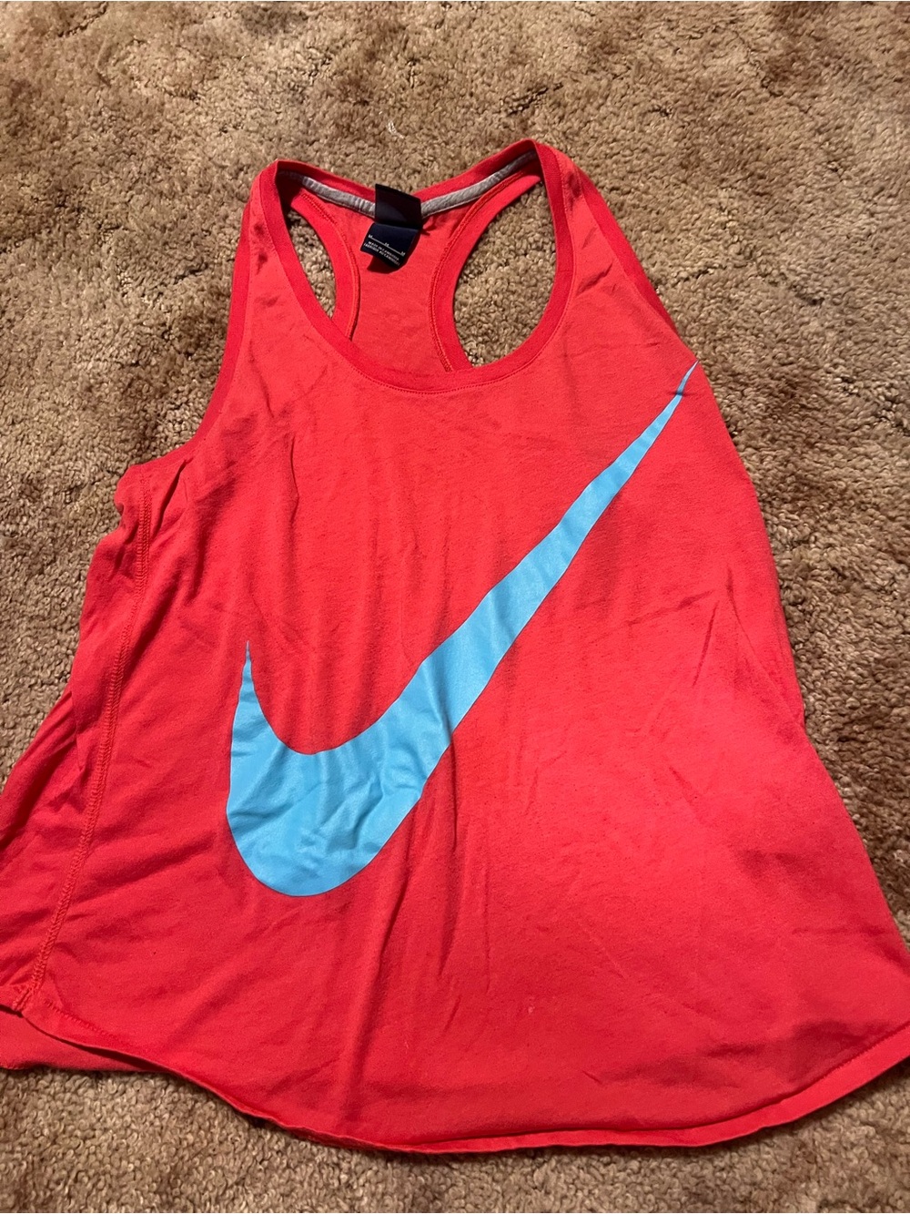 Nike Women’s Coral Red Racerback Tank with Light Blue Swoosh